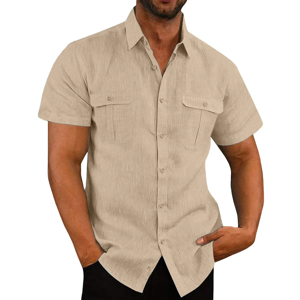 Camisa de lino de manga corta detalle