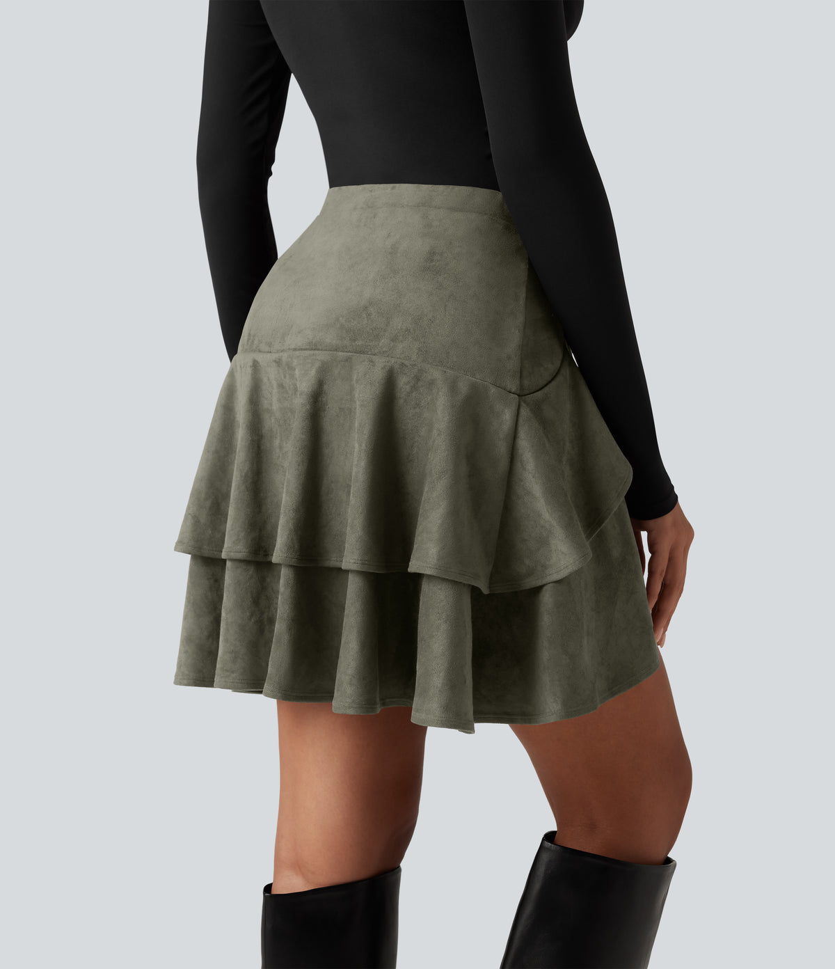 Falda mini de ante 2 en 1 con volantes - Verde oliva