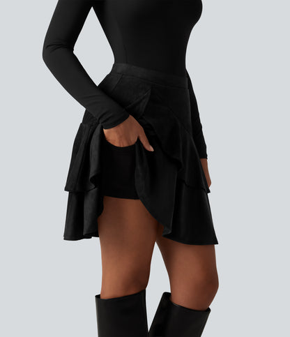 Falda mini de ante 2 en 1 con volantes - Negro