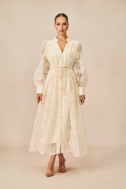 Vestido midi de encaje bordado con escote en V
