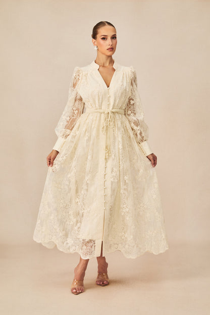 Vestido midi de encaje bordado con escote en V