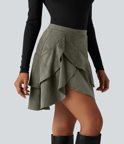 Falda mini de ante 2 en 1 con volantes - Verde oliva