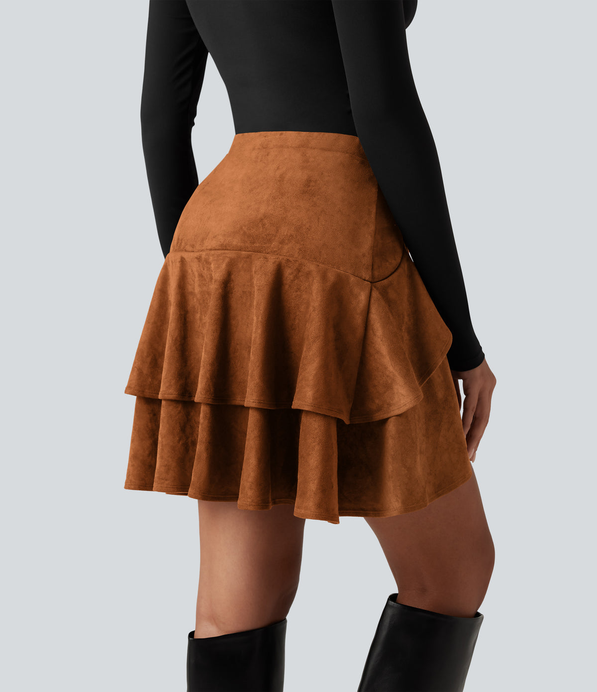 Falda mini de ante 2 en 1 con volantes - Camel