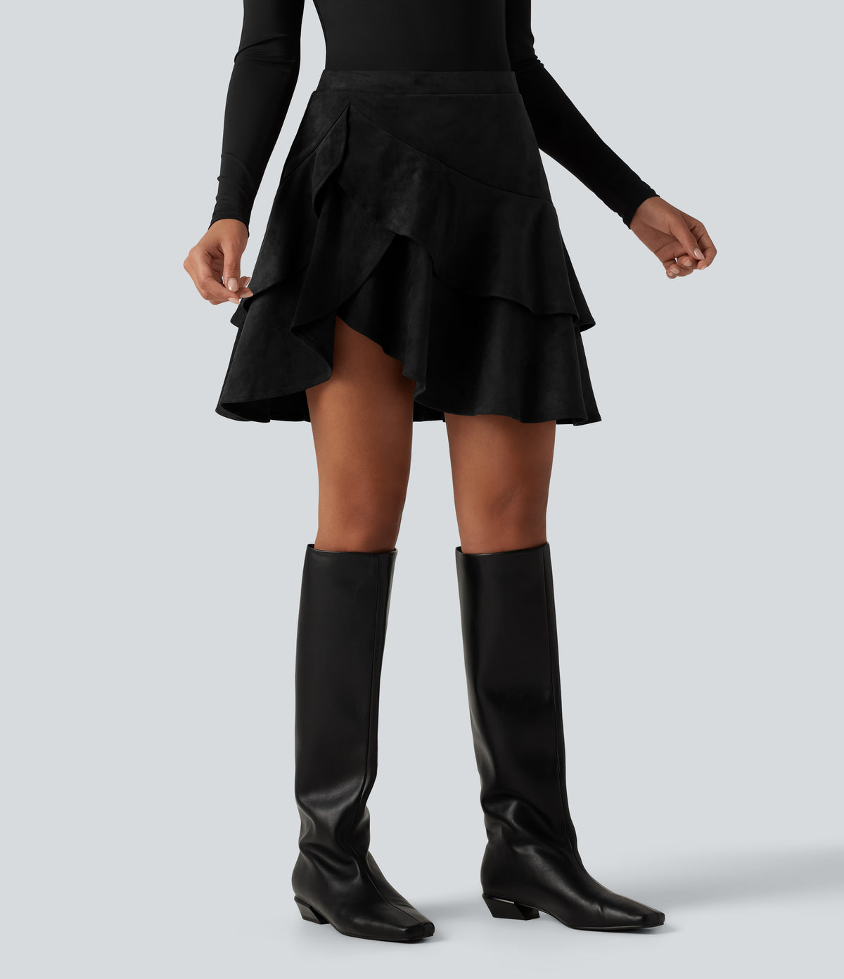 Falda mini de ante 2 en 1 con volantes - Negro