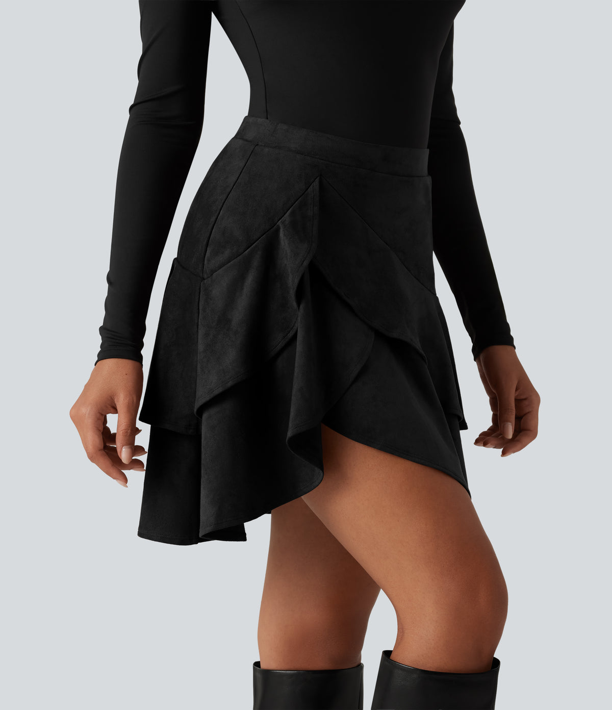 Falda mini de ante 2 en 1 con volantes - Negro