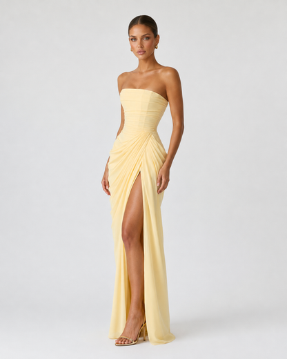 Vestido maxi drapeado amarillo detalle