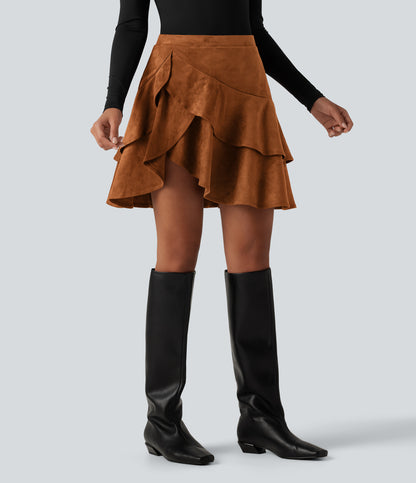 Falda mini de ante 2 en 1 con volantes - Camel