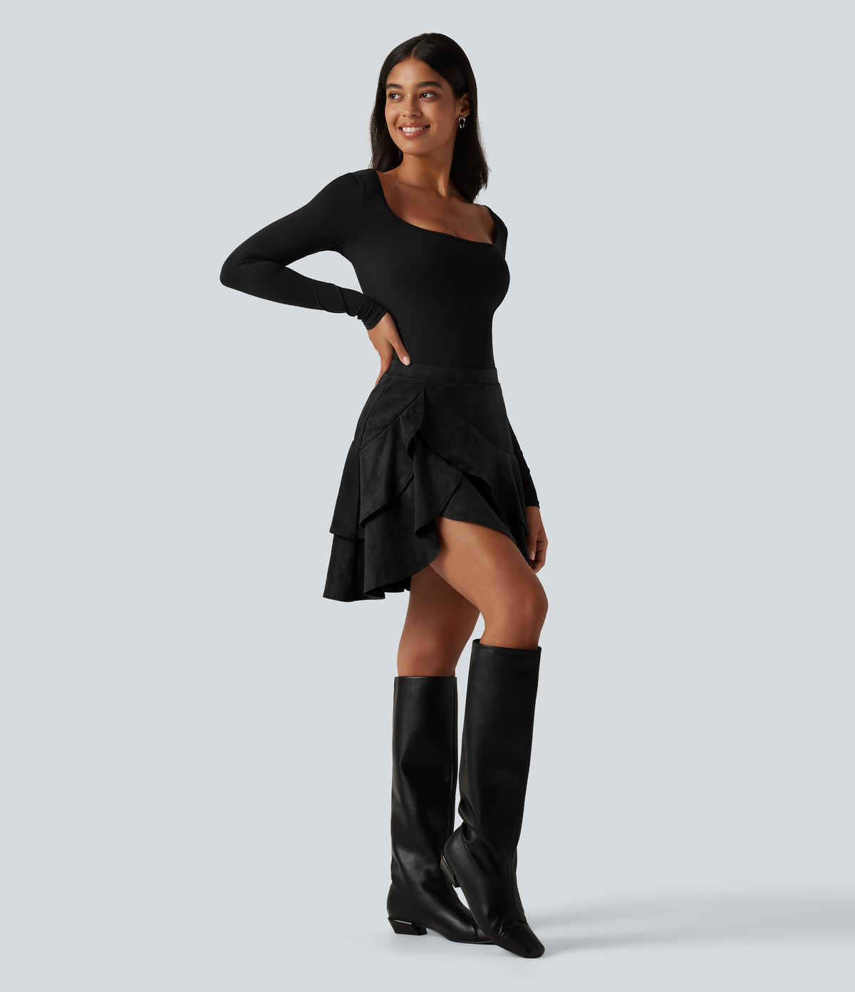 Falda mini de ante 2 en 1 con volantes - Negro