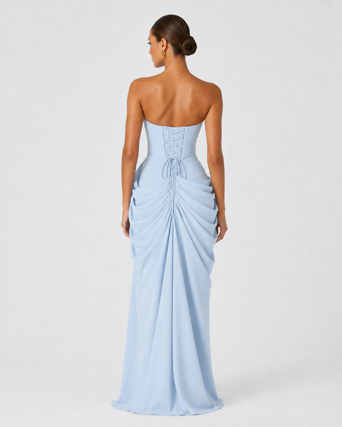 Vestido maxi drapeado azul claro espalda