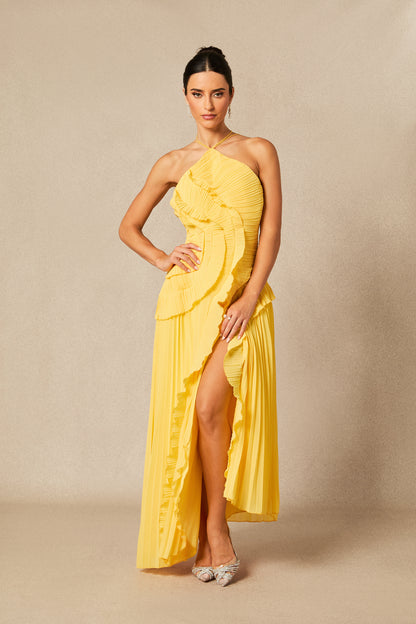 Vestido midi plisado con cuello halter - Amarillo