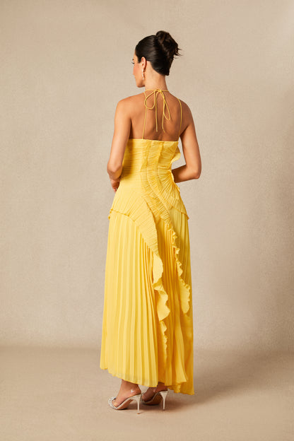 Vestido midi plisado con cuello halter - Amarillo