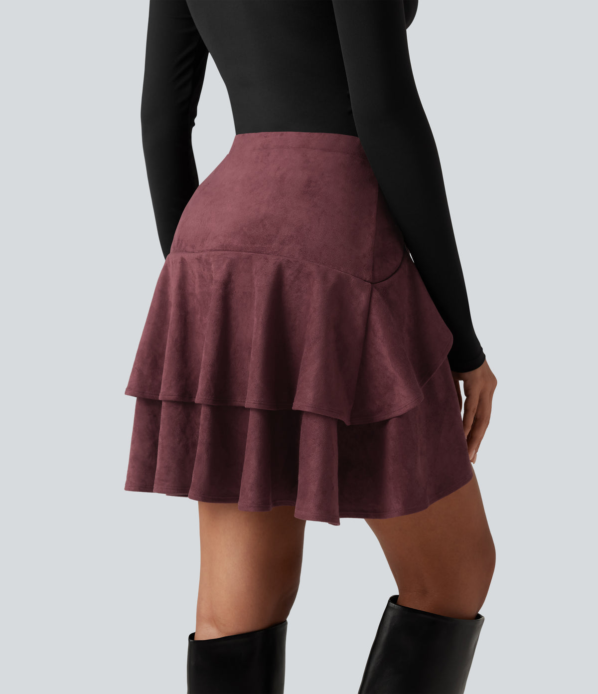 Falda mini de ante 2 en 1 con volantes - Burdeos