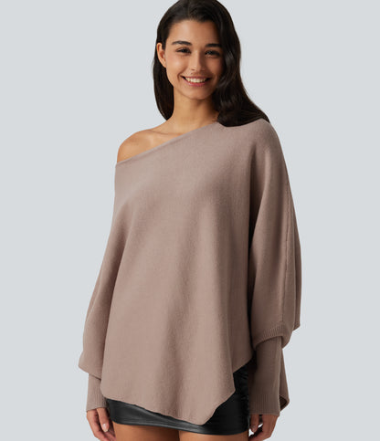 Jersey oversize con mangas murciélago y bajo asimétrico - Topo