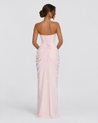 Vestido maxi drapeado rosa espalda