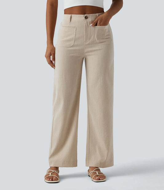 Pantalón recto efecto lino de tiro alto