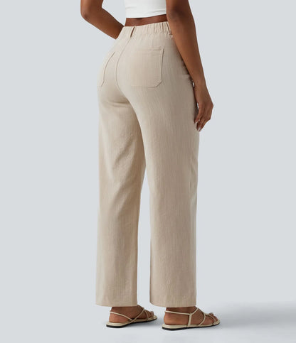 Pantalón recto efecto lino de tiro alto