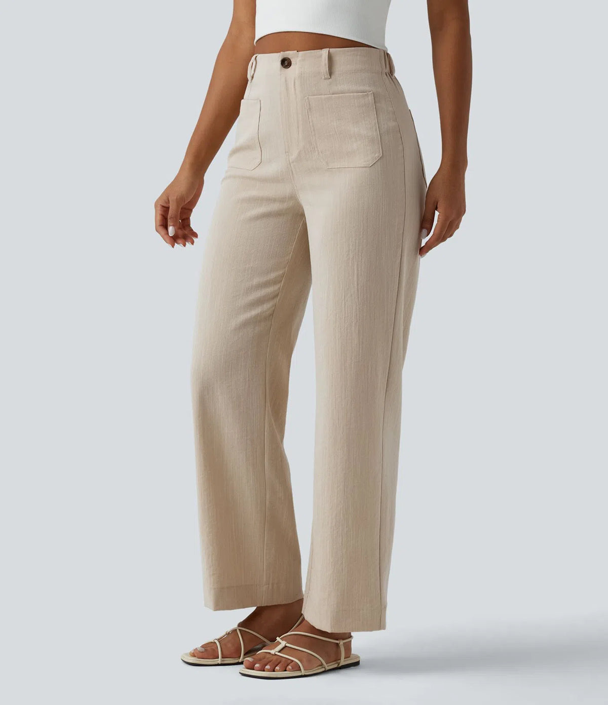 Pantalón recto efecto lino de tiro alto