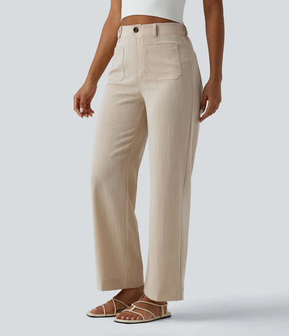 Pantalón recto efecto lino de tiro alto