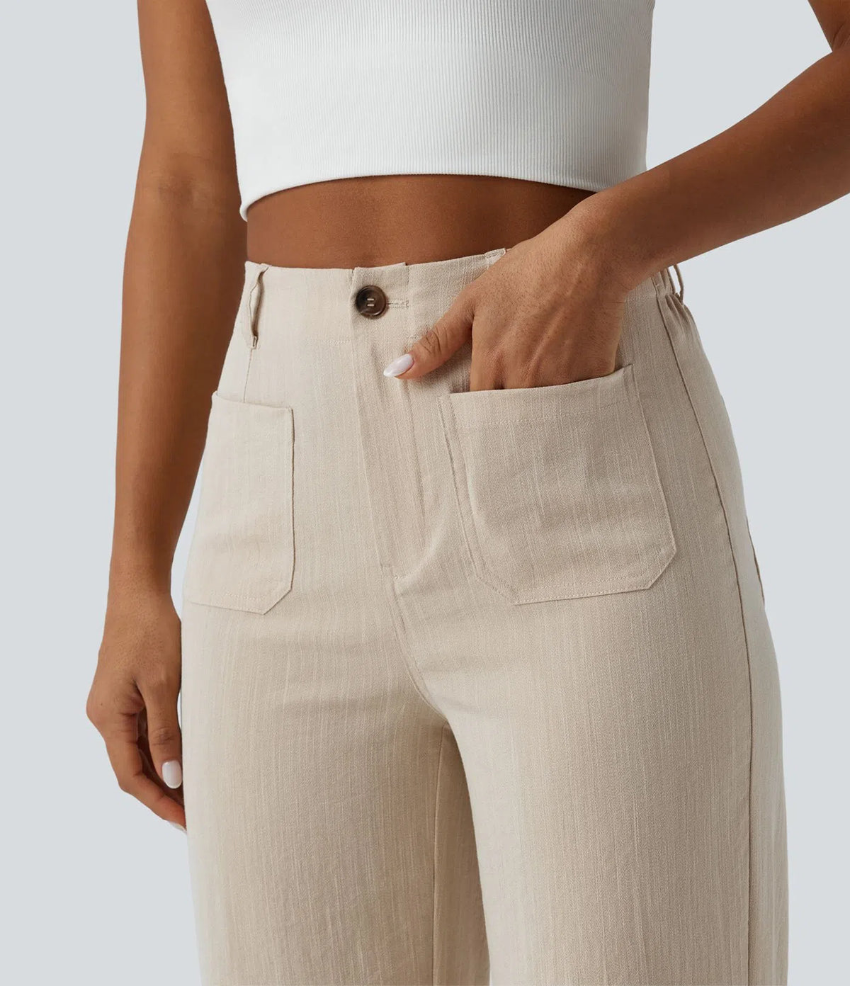 Pantalón recto efecto lino de tiro alto