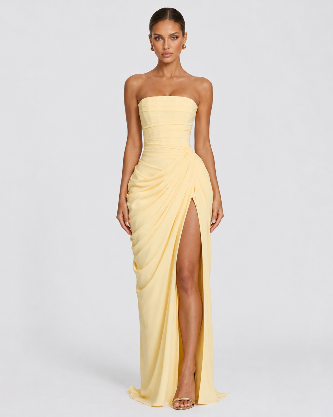 Vestido maxi drapeado amarillo