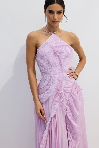 Vestido midi plisado con cuello halter - Lila