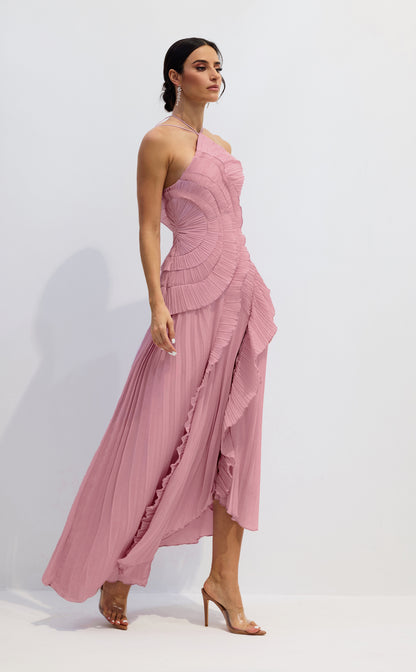 Vestido midi plisado con cuello halter - Rosa