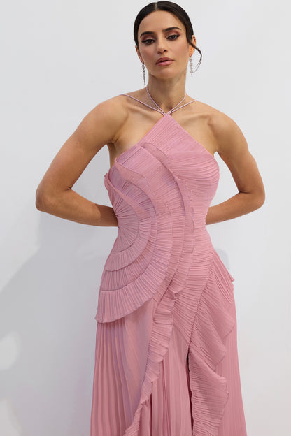 Vestido midi plisado con cuello halter - Rosa
