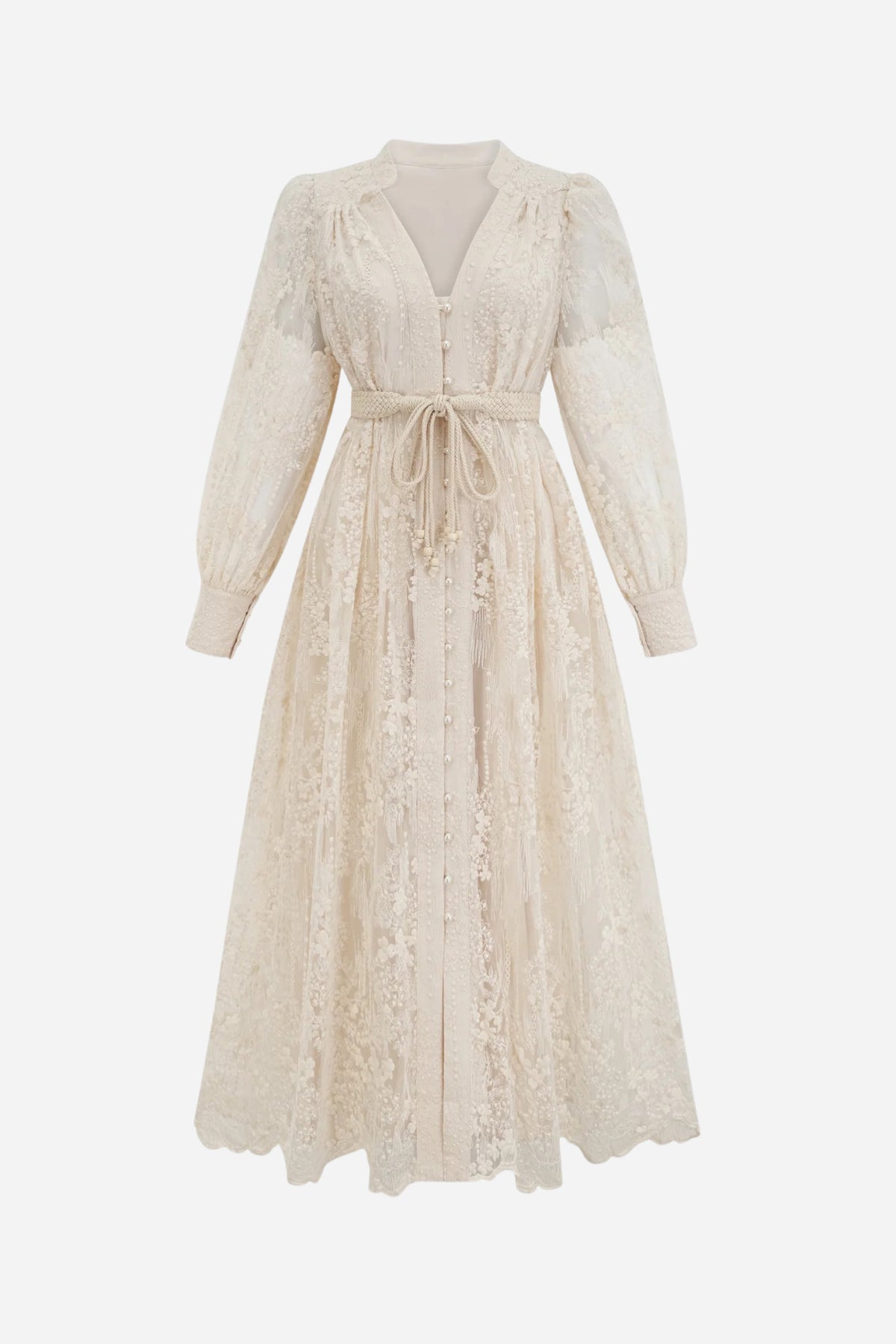Vestido midi de encaje bordado con escote en V