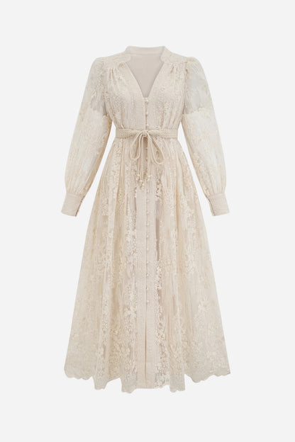 Vestido midi de encaje bordado con escote en V