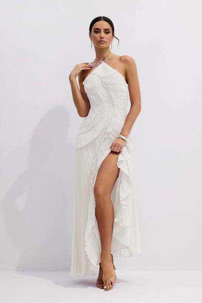 Vestido midi plisado con cuello halter - Blanco