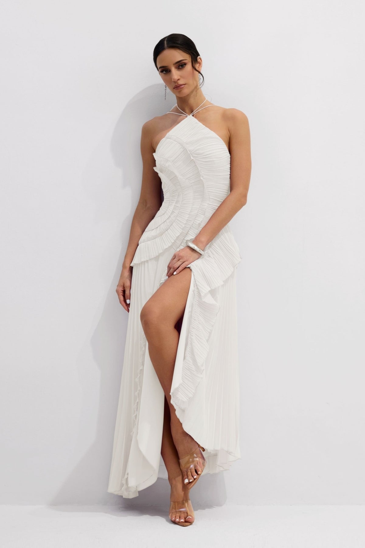 Vestido midi plisado con cuello halter - Blanco