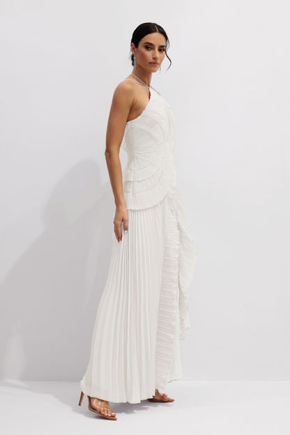 Vestido midi plisado con cuello halter - Blanco