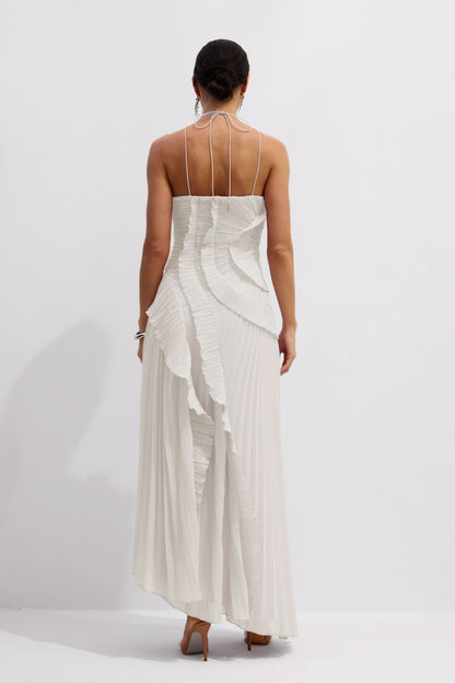 Vestido midi plisado con cuello halter - Blanco