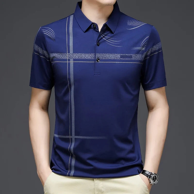 Polo de manga corta azul con tacto seda