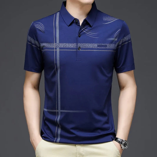 Polo de manga corta azul con tacto seda