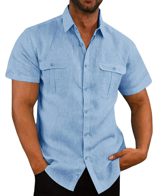 Camisa de lino de manga corta azul