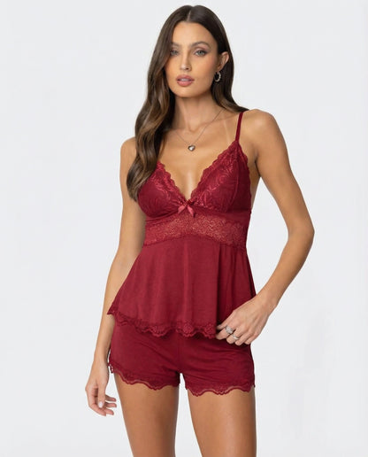 Conjunto de pijama corto de encaje burdeos