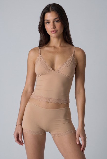 Conjunto de pijama corto de encaje beige